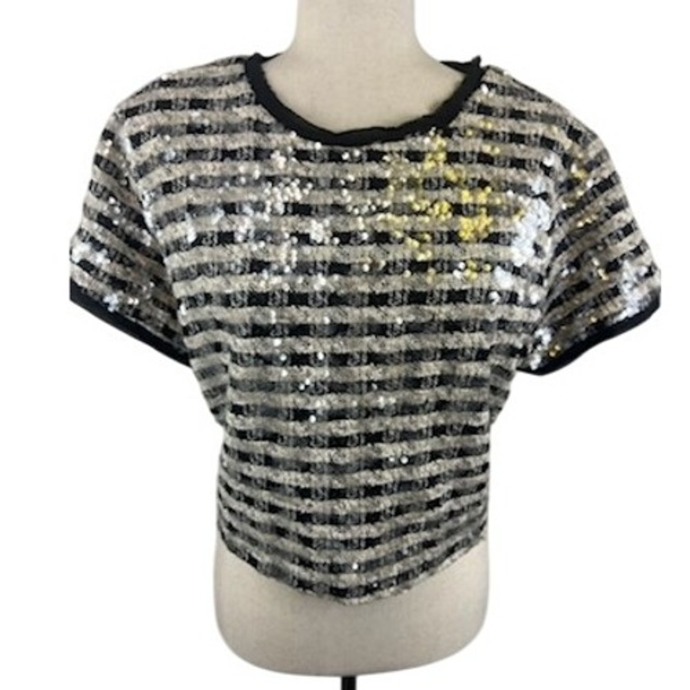 Glam Y2K Sequin Top Black Party Blouse Sparkly Short Sleeve Size Large‎